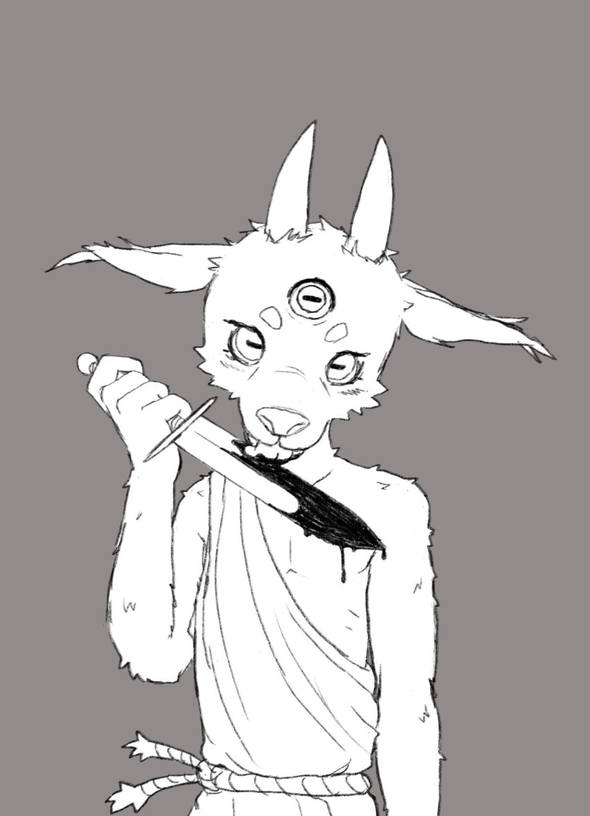 1boy animal_nose azmohdeus bare_shoulders commentary dagger demon demon_boy extra_eyes furry furry_male goat_boy grey_background greyscale highres holding holding_dagger holding_knife holding_weapon horns knife licking_blood male_focus monochrome original rope_belt simple_background solo symbol-only_commentary toga weapon