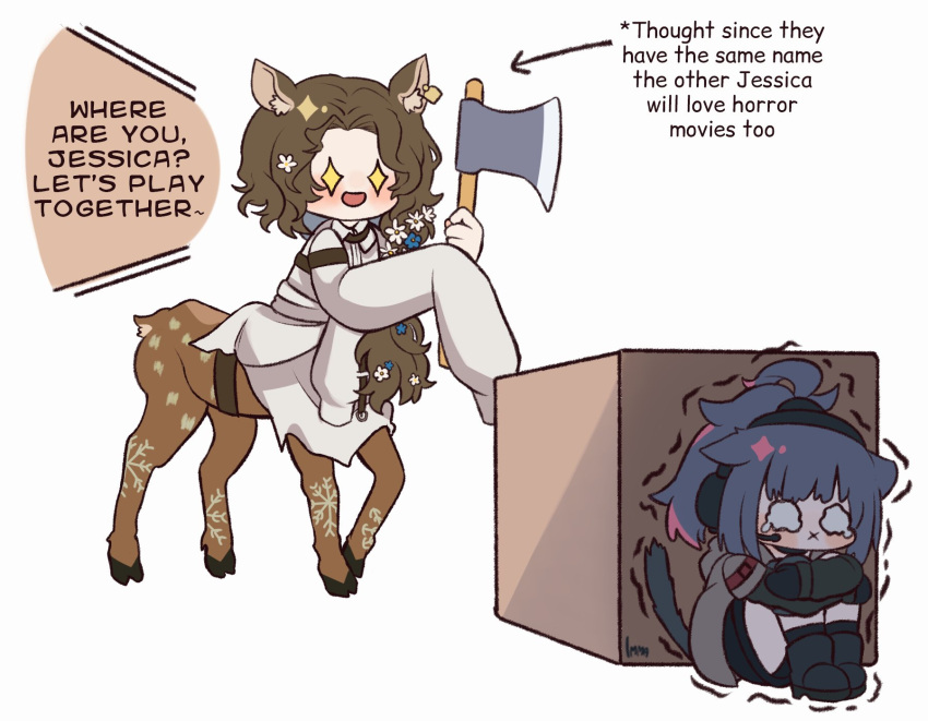 +_+ 2girls :x animal_ears arknights arm_belt axe belt black_footwear black_hair black_shirt black_shorts black_socks blush boots box brown_hair cat_ears cat_girl cat_tail centauroid changeling_(reverse:1999) crossover crying crying_with_eyes_open deer_ears deer_tail ear_protection ear_tag english_commentary english_text flower full_body gloves grey_jacket hair_flower hair_ornament hair_over_shoulder headset hiding highres holding holding_axe hooves hugging_own_legs imma_artsu implied_extra_ears jacket jessica_(arknights) knee_boots kneehighs long_hair long_sleeves multiple_girls name_connection o_o open_clothes open_mouth parted_bangs ponytail reverse:1999 shirt shorts sidelocks signature simple_background sitting sleeves_past_fingers sleeves_past_wrists smile socks standing tail taur tears trembling white_background white_flower white_shirt