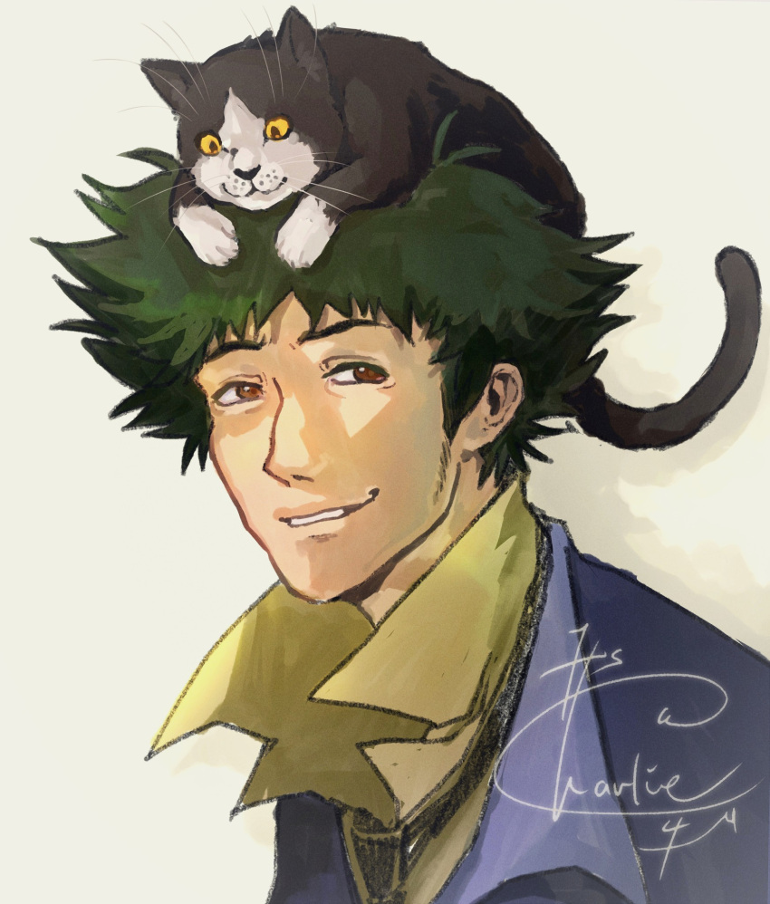 animal animal_on_head brown_eyes cat cat_on_head cowboy_bebop green_hair happy highres male_focus messy_hair necktie on_head shirt signature simple_background smile spike_spiegel spiked_hair teeth tscharlie4u yellow_shirt