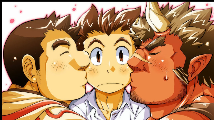 3boys bara beard_stubble black_border bombom border broken_horn brown_eyes brown_hair closed_eyes closed_mouth collared_shirt colored_skin double_cheek_kiss forked_eyebrows game_cg horns kiss kissing_cheek long_sideburns male_focus monster_boy multiple_boys muscular muscular_male official_art ogre oni_horns orgus_(f-kare) outline pink_outline pointy_ears protagonist_(f-kare) red_skin scar scar_on_face scar_on_nose shirt short_hair shoukan_yuusha_to_f-kei_kareshi sideburns sideburns_stubble simple_background sol_(f-kare) sweatdrop thick_eyebrows upper_body white_background white_shirt yaoi