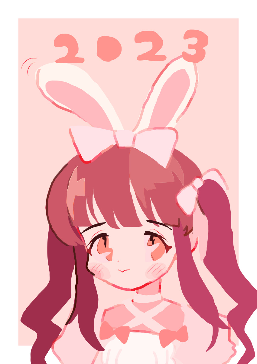 1girl 2023 absurdres animal_ears blunt_bangs bow brown_eyes brown_hair closed_mouth commentary fake_animal_ears hair_bow highres idolmaster idolmaster_cinderella_girls long_hair noniha ogata_chieri pink_background pink_bow rabbit_ears solo symbol-only_commentary twintails upper_body