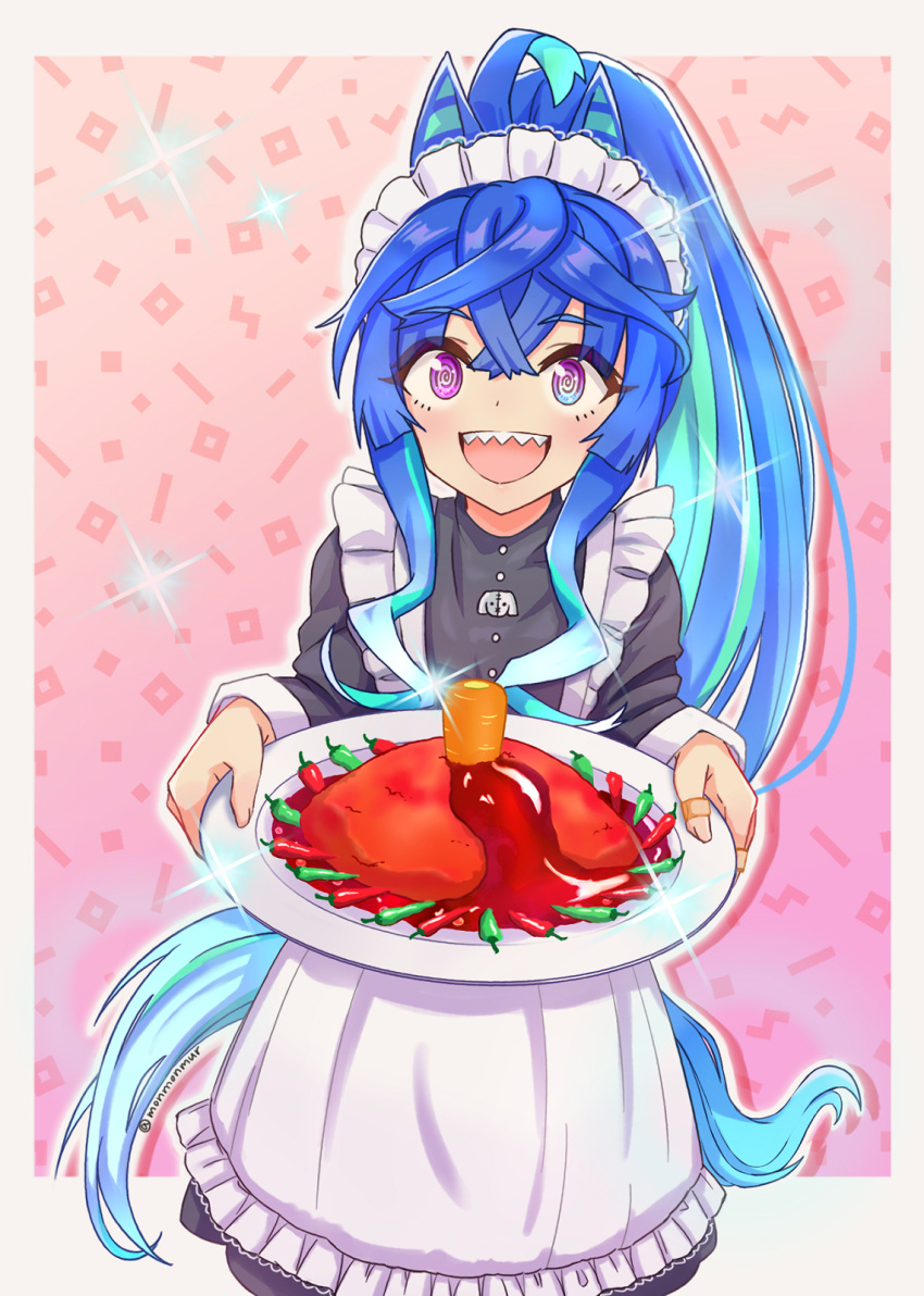 1girl :d @_@ ahoge alternate_costume alternate_hairstyle animal_ears apron aqua_hair bandaid bandaid_on_hand black_shirt blue_eyes blue_hair border carrot chili_pepper commentary_request crossed_bangs enmaided food frilled_apron frills heterochromia highres holding holding_plate horse_ears horse_girl horse_tail jalapeno_pepper long_hair long_sleeves maid maid_apron maid_headdress monmonmur multicolored_hair omelet omurice open_mouth outside_border pink_background plate ponytail purple_eyes sauce sharp_teeth shirt sidelocks smile solo sparkle tail teeth twin_turbo_(umamusume) twitter_username two-tone_hair umamusume upper_body upper_teeth_only very_long_hair white_apron white_border