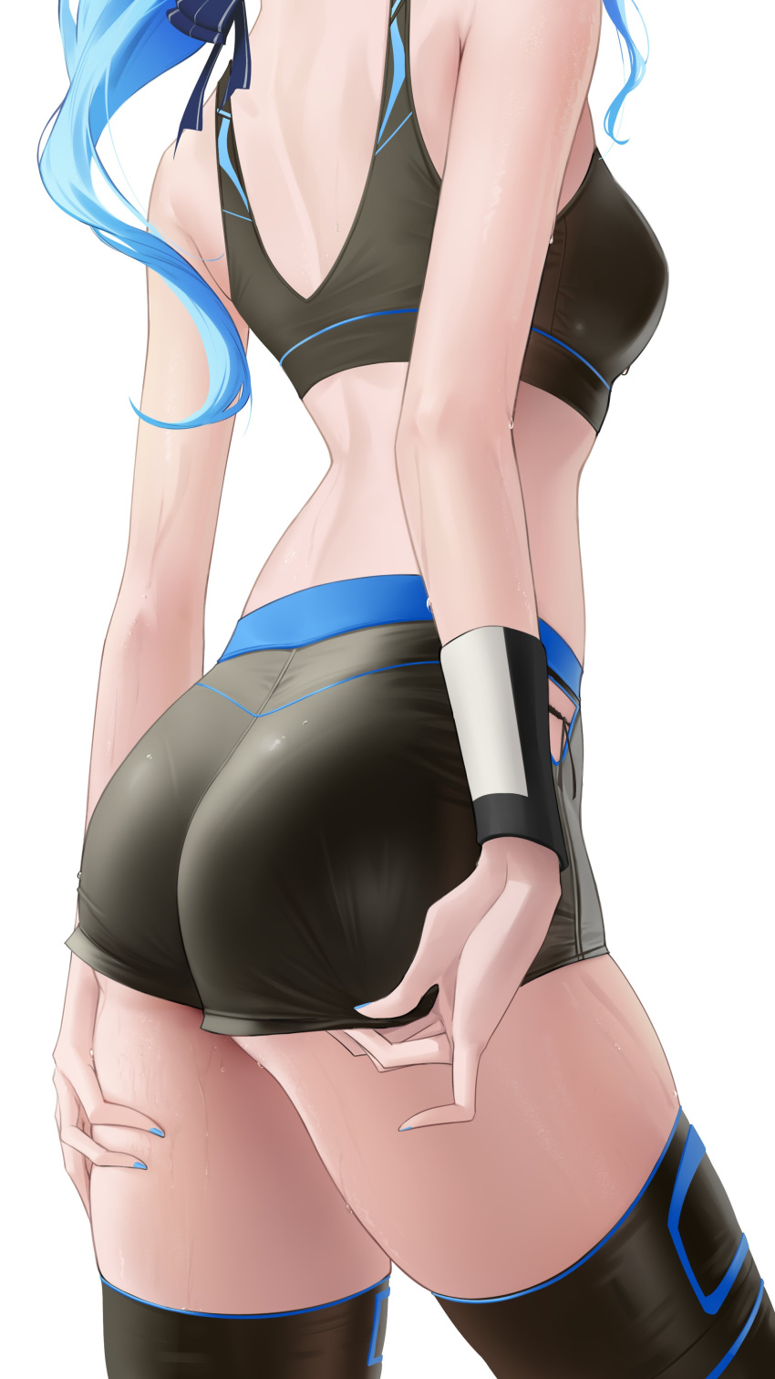 1girl absurdres adjusting_clothes adjusting_shorts ass ass_focus black_shorts black_sports_bra black_thighhighs blue_hair blue_nails blue_ribbon breasts commentary_request fingernails from_side hair_ribbon hand_on_own_thigh head_out_of_frame highres hololive hoshimachi_suisei long_hair medium_breasts nail_polish panties panty_peek pantylines ribbon short_shorts shorts side-tie_panties side_slit simple_background solo somebody_(leiking00) sports_bra sweat sweatband sweatdrop thighhighs underwear very_sweaty virtual_youtuber white_background wristband