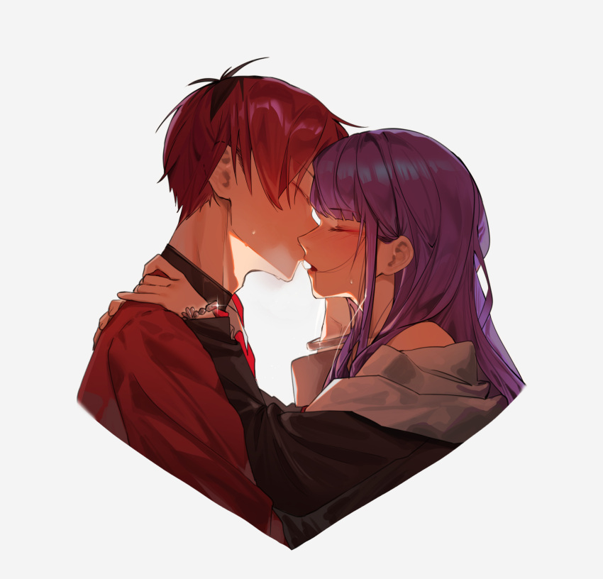 1boy 1girl black_robe blush bracelet closed_eyes commentary_request cropped_torso fern_(sousou_no_frieren) glint hand_on_another's_shoulder hetero highres jacket jewelry kiss kissing_nose lufi_ays multicolored_hair purple_hair red_hair red_jacket robe roots_(hair) simple_background sousou_no_frieren stark_(sousou_no_frieren) sweat upper_body white_background