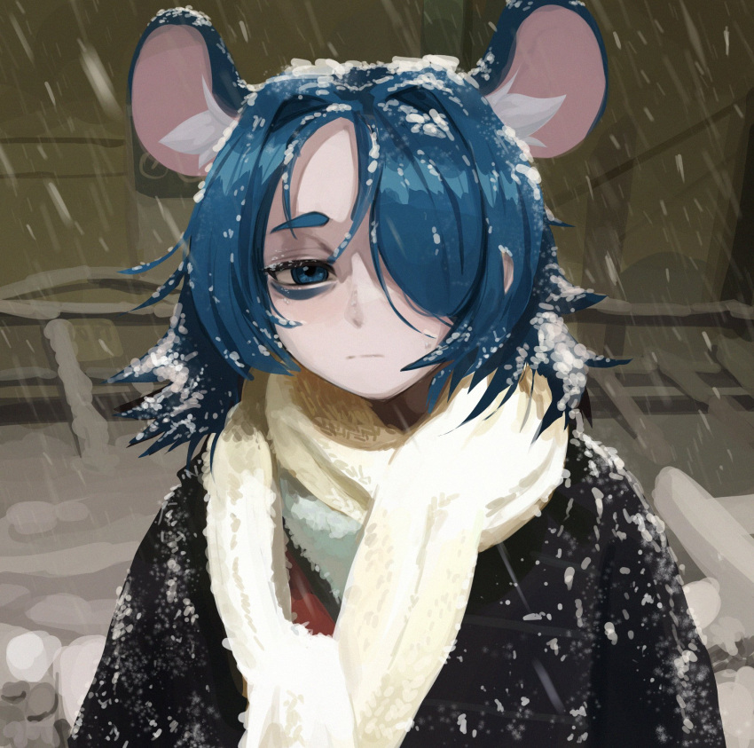 1girl animal_ears black_coat blizzard blue_eyes blue_hair closed_mouth coat cold facepaint hair_over_one_eye highres husbant_(meme) light_frown long_sleeves looking_at_viewer medium_hair meme mouse_ears mouse_girl original pale_skin parasoru_buruu parted_bangs scarf snow snow_on_body snow_on_head snowing solo upper_body white_scarf winter winter_clothes winter_coat