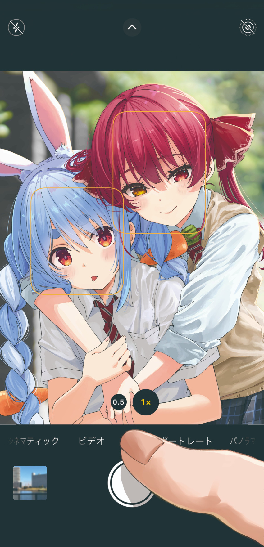 1other 2girls absurdres animal_ears anno_masato blue_hair blue_skirt blush braid brown_vest carrot_hair_ornament closed_mouth collared_shirt extra_ears food-themed_hair_ornament hair_ornament hair_ribbon heterochromia highres hololive houshou_marine hug hug_from_behind long_sleeves looking_at_viewer multicolored_hair multiple_girls necktie orange_eyes plaid plaid_skirt rabbit-shaped_pupils rabbit_ears red_eyes red_hair red_necktie red_ribbon ribbon school_uniform shirt short_eyebrows short_sleeves sidelocks skirt symbol-shaped_pupils thick_eyebrows tongue tongue_out twin_braids twintails two-tone_hair upper_body usada_pekora vest viewfinder virtual_youtuber white_hair white_shirt yellow_eyes