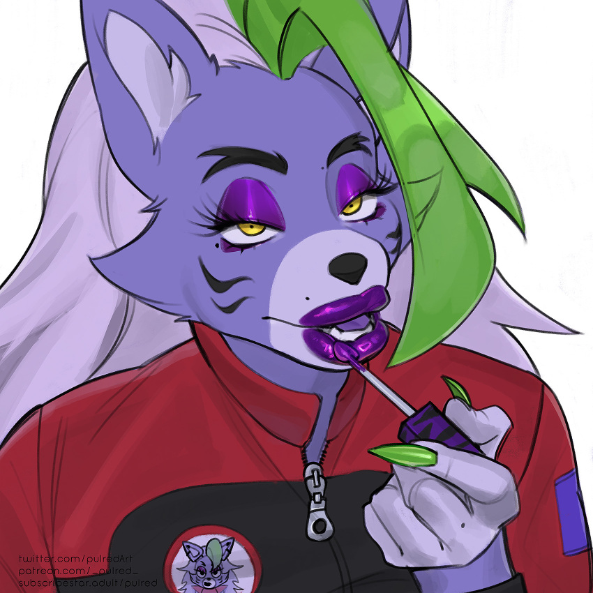 1:1 2023 5_fingers anthro artist_name beauty_mark black_eyes canid canine canis cheek_tuft clothing colored_nails eyebrows eyelashes eyeshadow facial_tuft female fingers five_nights_at_freddy's five_nights_at_freddy's:_security_breach fur green_highlights grey_hair hair half-closed_eyes hi_res highlights_(coloring) jacket lips lipstick long_hair looking_at_viewer makeup mammal nails narrowed_eyes pulred purple_body purple_fur roxanne_wolf_(fnaf) scottgames sharp_nails solo steel_wool_studios teeth text thick_lips topwear tuft url wolf yellow_eyes