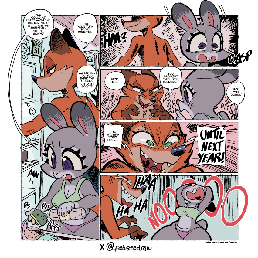 absurd_res anthro artist_name breasts brown_body brown_fur canid canine cleavage clothed clothing comic disney duo english_text eyebrows eyelashes female fingers fox fur green_eyes grey_body grey_fur half-closed_eyes hi_res holidays judy_hopps lagomorph leporid long_ears male mammal multicolored_body multicolored_fur narrowed_eyes new_year nick_wilde onomatopoeia open_mouth orange_body orange_fur panties purple_eyes rabbit scut_tail short_tail sound_effects speech_bubble standing tail teeth text thick_thighs topwear toto_draw underwear wide_hips zootopia