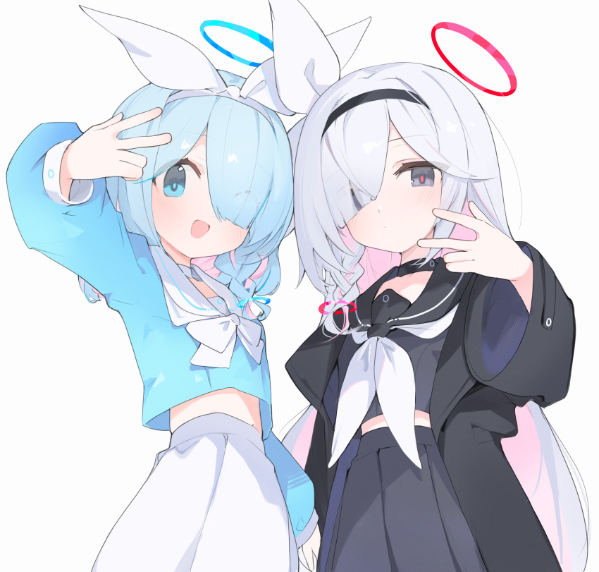 2girls :d arona_(blue_archive) black_choker black_eyes black_hairband black_serafuku black_skirt blue_archive blue_eyes blue_halo braid choker colored_inner_hair commentary_request duplicate grey_hair hairband halo highres long_hair looking_at_viewer mikozin multicolored_hair multiple_girls pink_hair pixel-perfect_duplicate plana_(blue_archive) red_halo red_pupils school_uniform serafuku short_hair simple_background single_braid skirt smile two-tone_hair white_background white_choker white_hairband white_skirt