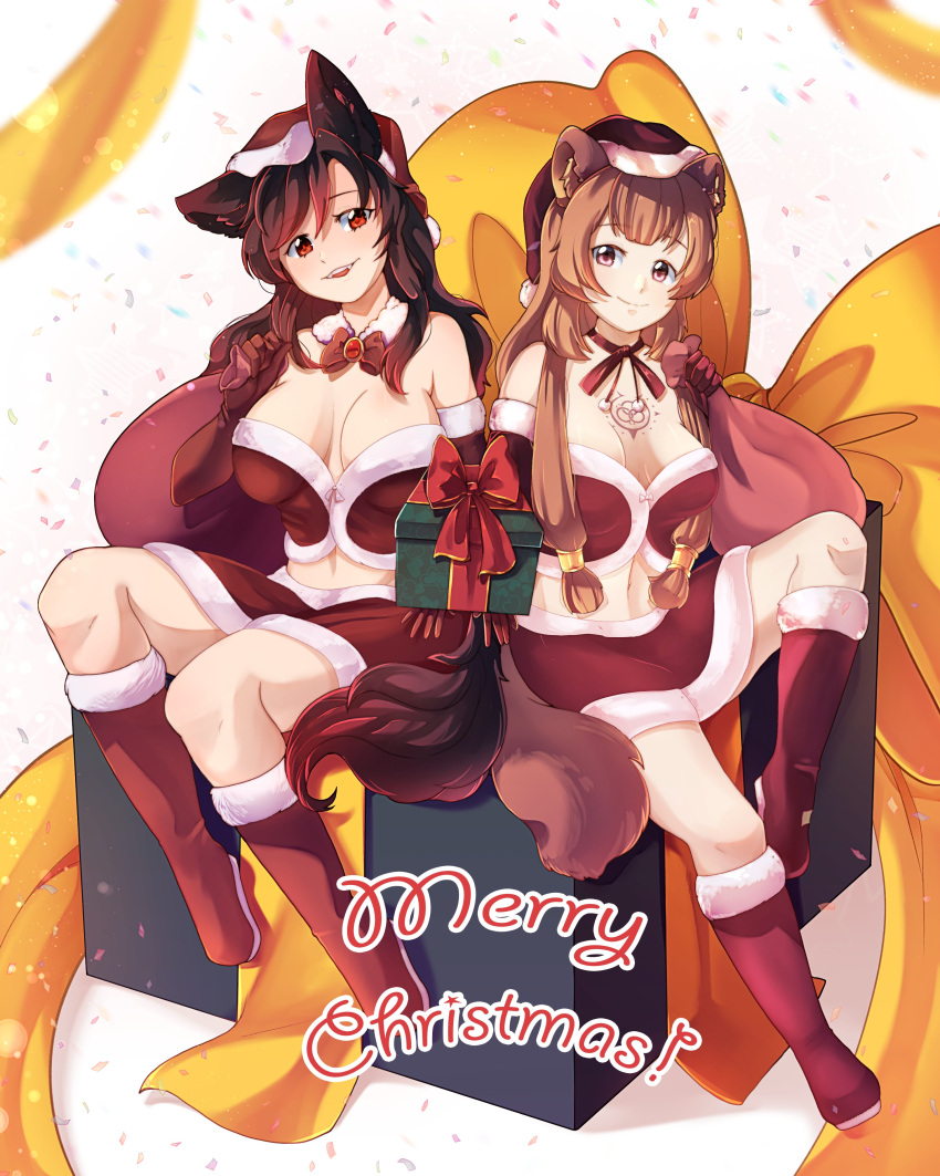 2girls absurdres alternate_costume animal_ear_fluff animal_ears bag bare_shoulders boots bow bowtie breasts breasts_apart brooch brown_hair chest_tattoo christmas christmas_present closed_mouth commentary confetti crossover detached_collar dungeon_toaster elbow_gloves english_commentary fangs fur-trimmed_gloves fur-trimmed_skirt fur-trimmed_tube_top fur_boots fur_collar fur_trim gift gloves hair_between_eyes hair_tubes hat highres holding holding_bag holding_gift imaizumi_kagerou incoming_gift jewelry knee_boots large_breasts light_smile long_hair looking_at_viewer medium_breasts merry_christmas midriff multiple_girls navel neck_ribbon open_mouth pom_pom_(clothes) raccoon_ears raccoon_girl raccoon_tail raphtalia red_bag red_bow red_bowtie red_brooch red_eyes red_footwear red_gloves red_ribbon red_skirt red_tube_top ribbon santa_boots santa_costume santa_hat sidelocks sitting skirt slave_tattoo smile strapless tail tate_no_yuusha_no_nariagari tattoo touhou tube_top white_background wolf_ears wolf_girl wolf_tail yellow_bow