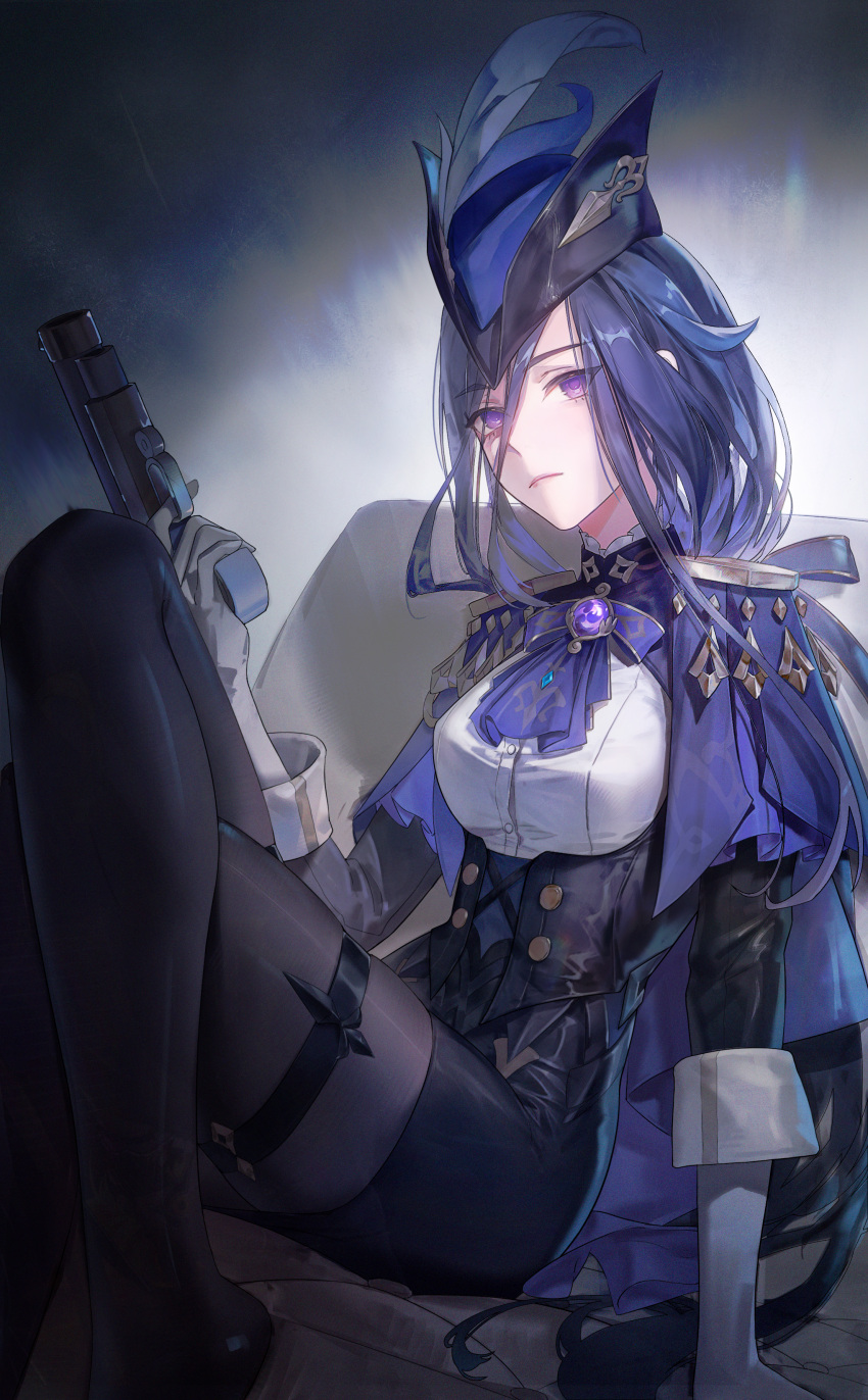 1girl absurdres black_gloves black_hair black_pantyhose blue_cape blue_hair blue_headwear breasts cape clorinde_(genshin_impact) closed_mouth commentary_request corset crossed_legs epaulettes expressionless feathers finger_on_trigger genshin_impact gloves gun handgun hat hat_feather highres holding holding_gun holding_weapon long_hair long_sleeves pantyhose purple_eyes solo thigh_strap tricorne uniform vision_(genshin_impact) weapon white_gloves yulin_tian