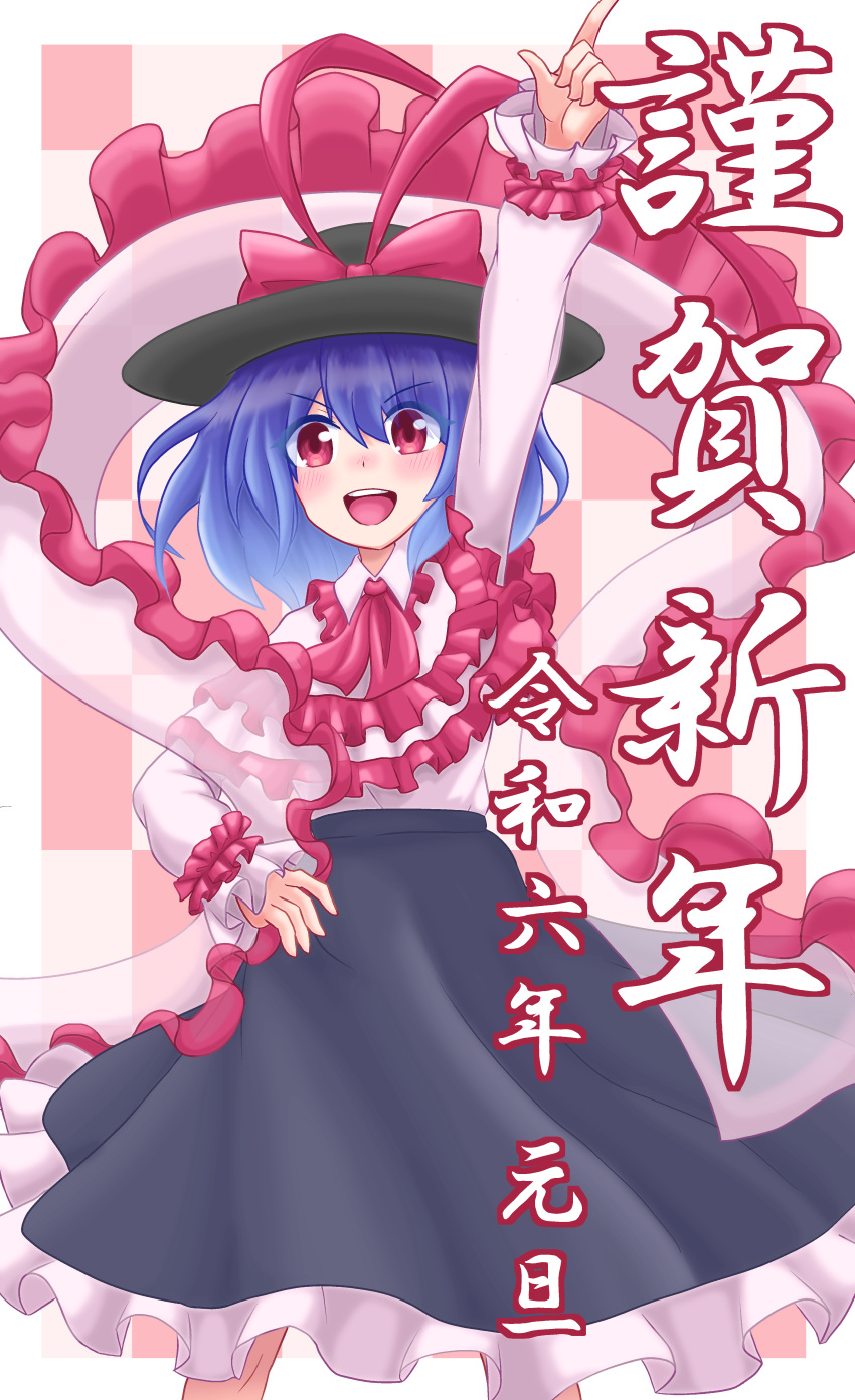 1girl absurdres arm_up black_headwear black_skirt blue_hair bow capelet commentary_request frilled_capelet frilled_shawl frilled_skirt frills garamerudo hand_on_own_hip hat hat_bow highres index_finger_raised long_sleeves looking_at_viewer nagae_iku open_mouth red_bow red_eyes shawl shirt short_hair skirt solo touhou translation_request two-tone_background white_shawl white_shirt