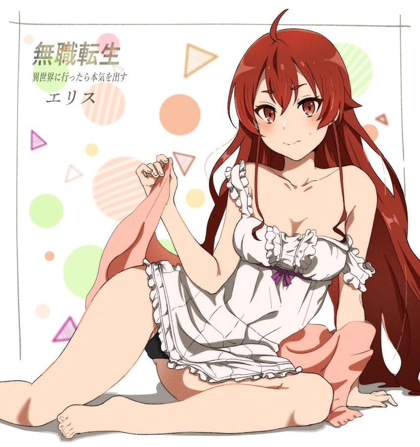1girl ahoge arm_support barefoot black_panties breasts character_name cleavage closed_mouth collarbone copyright_name dress eris_greyrat feet highres long_hair looking_at_viewer morime mushoku_tensei panties red_eyes red_hair short_dress sitting small_breasts solo strap_slip thighs underwear white_dress
