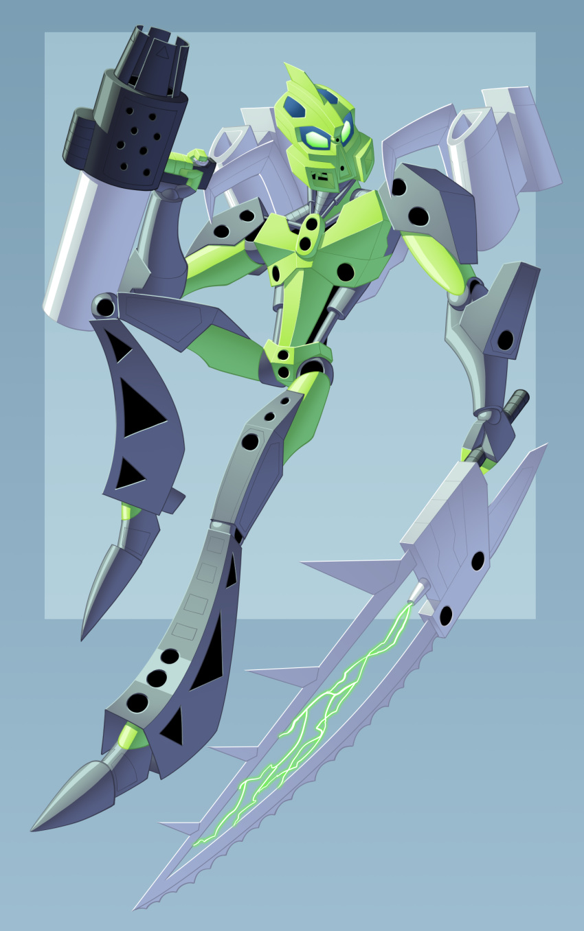 ambiguous_gender armor bionicle breaker-of-oaths digital_drawing_(artwork) digital_media_(artwork) fingers front_view green_eyes gun handgun headgear helmet hi_res holding_object holding_weapon humanoid lego lewa living_machine long_sword machine mask melee_weapon multicolored_body not_furry ranged_weapon robot simple_background solo standing sword toa two_tone_body weapon