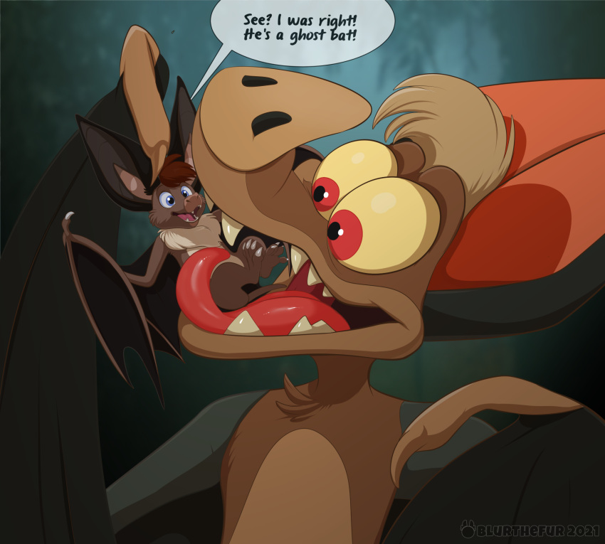 2021 bat batty_koda blue_eyes chest_tuft chiros dialogue digital_drawing_(artwork) digital_media_(artwork) duo feral ferngully hi_res in_mouth male mammal open_mouth signature size_difference speech_bubble spread_wings tongue tongue_out tuft vore voredom wings