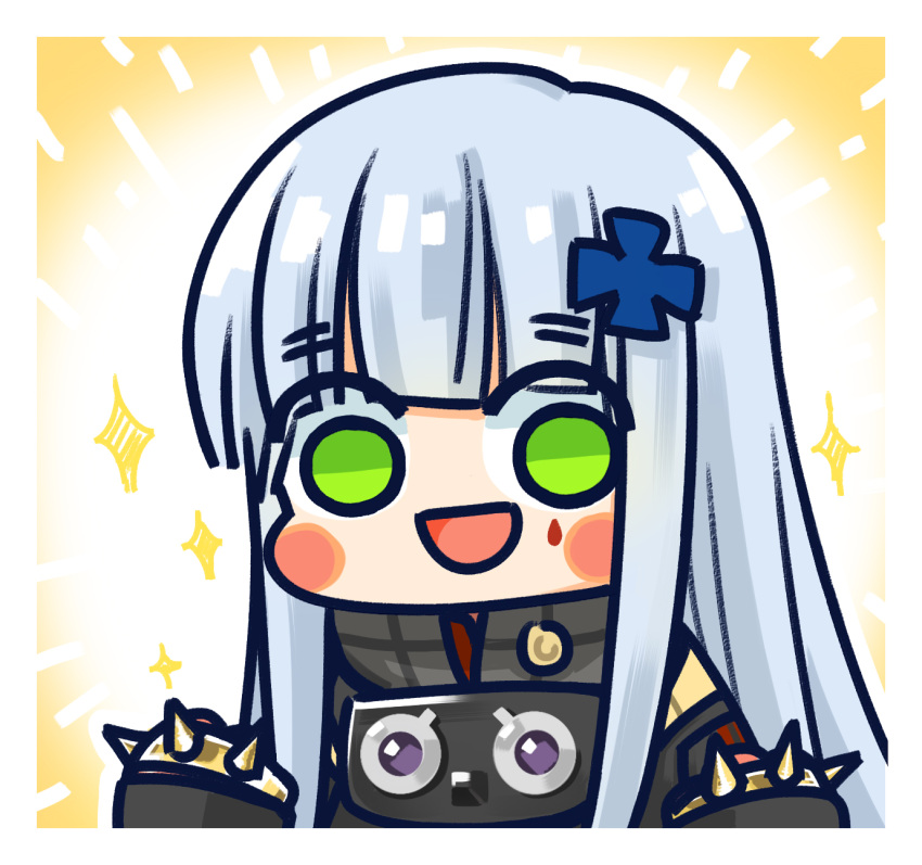 1girl :d black_jacket blunt_bangs blush_stickers chibi chinese_commentary commentary_request cross cross_hair_ornament girls'_frontline green_eyes grey_hair hair_ornament hands_up highres hk416_(girls'_frontline) iron_cross jacket long_hair looking_at_viewer official_art simple_background smile solo sparkle spiked_knuckles su_xiao_jei teardrop_facial_mark upper_body very_long_hair yellow_background