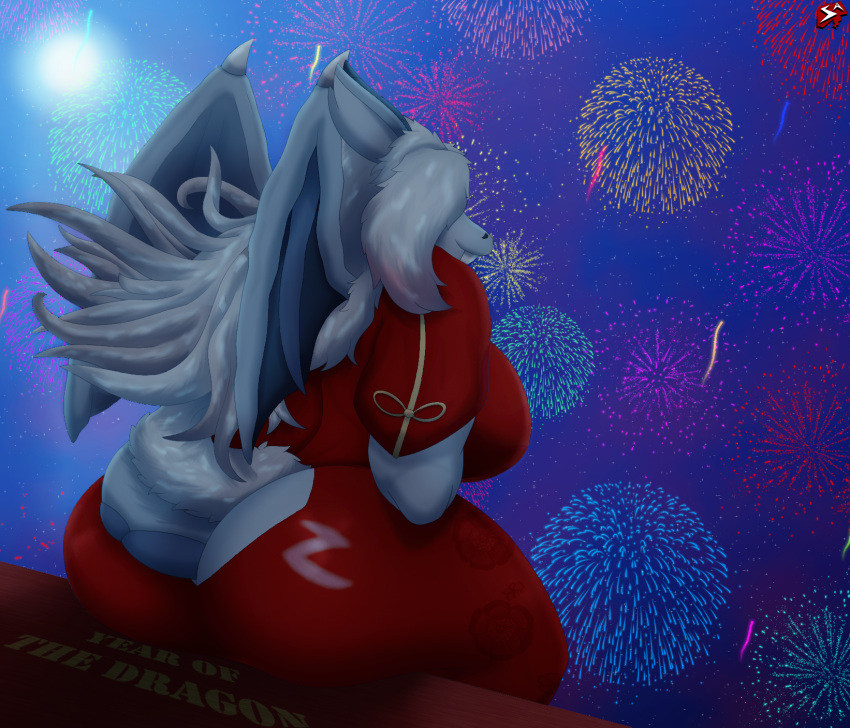 anthro asian_clothing big_breasts big_butt blue_body blue_scales breasts butt butt_cleavage chinese_clothing chinese_dress chinese_zodiac clothing dragon dress east_asian_clothing fangs female fireworks flowing_hair hair hair_over_eye hi_res highlights_(coloring) holidays horn light long_hair moon moonlight new_year new_year_2024 night non-mammal_breasts one_eye_obstructed rear_view red_clothing red_hair sabertooth_(anatomy) scales sitting smile solo stylish_apollo tail tail_aside tail_fluff teeth white_hair wings year_of_the_dragon zenchi_hasagami