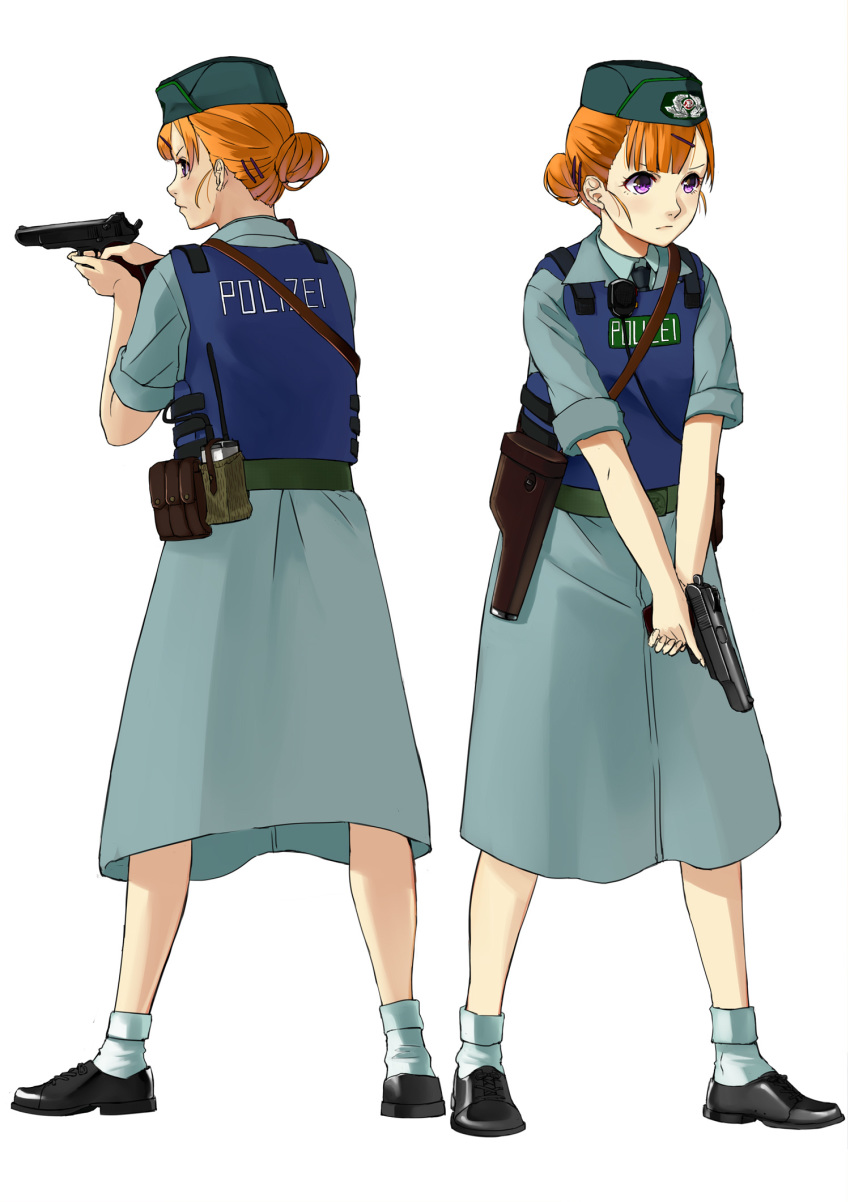 1girl ammunition_pouch bangs belt blunt_bangs browning_hi-power bulletproof_vest dress east_german frown garrison_cap gun hair_bun handgun hat highres holster mizuki_(mizuki_ame) necktie orange_hair pistol police police_uniform policewoman pouch purple_eyes serious short_hair simple_background sleeves_rolled_up sling solo trigger_discipline uniform walkie-talkie weapon white_background