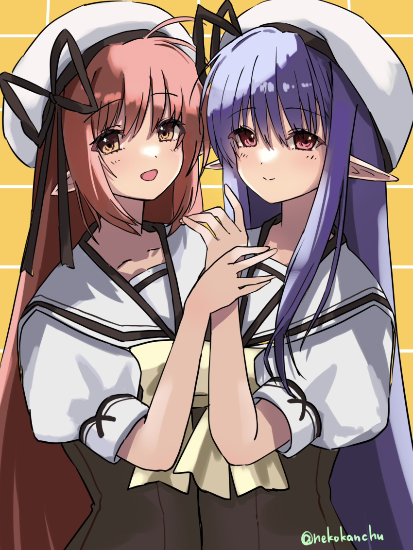 2girls blue_hair brown_eyes brown_shirt eisei_neko grid_background highres holding_hands long_hair long_pointy_ears multiple_girls national_verbena_academy_school_uniform nerine pointy_ears primula puffy_short_sleeves puffy_sleeves red_eyes red_hair sailor_collar school_uniform serafuku shirt short_sleeves shuffle! upper_body very_long_hair white_headwear white_sailor_collar yellow_background