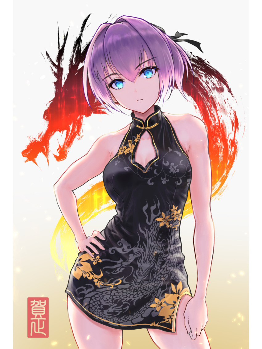 black_dress blue_eyes breasts china_dress chinese_clothes cleavage_cutout clothing_cutout dragon_print dress floral_print hand_on_own_hip highres isasin929 kantai_collection looking_at_viewer medium_breasts pink_hair shiranui_(kancolle) short_hair