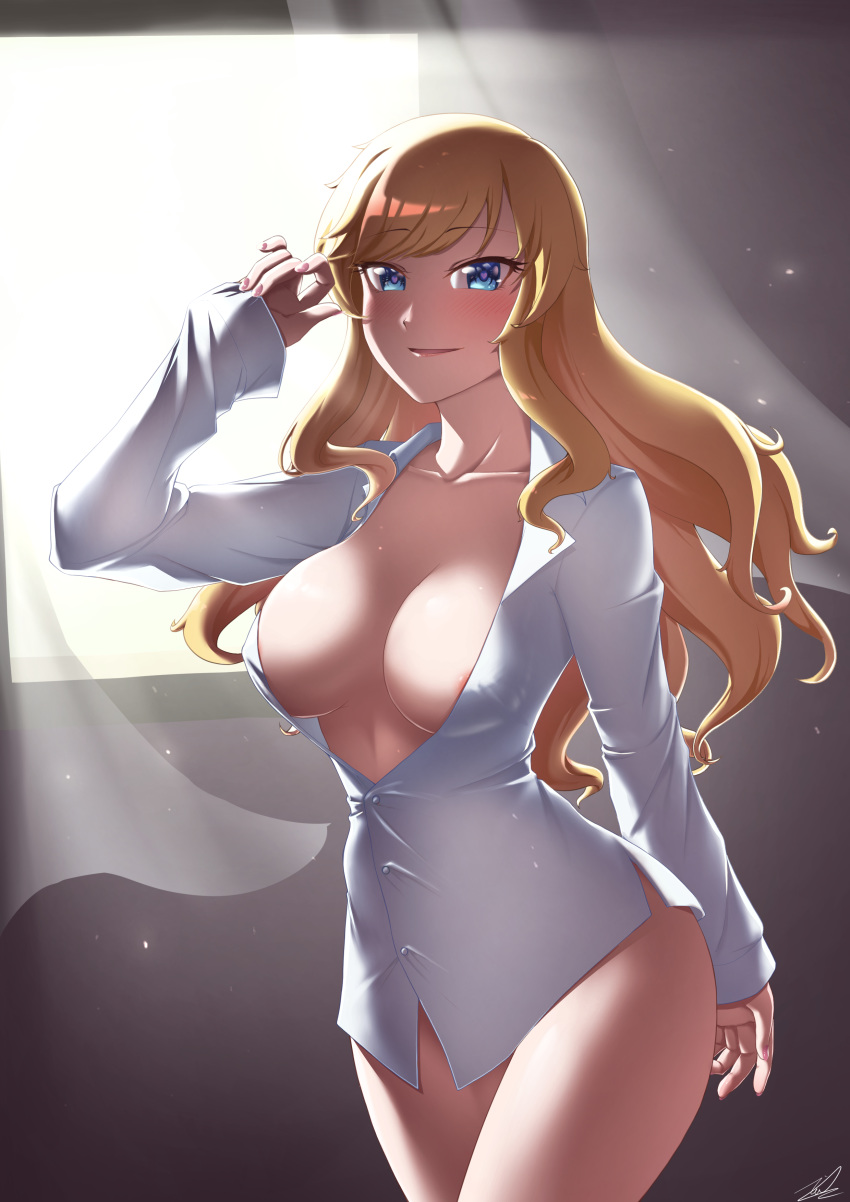 1girl absurdres areola_slip areolae blonde_hair blue_eyes blush breasts chanakim cleavage collarbone commentary_request covered_nipples curtains dress_shirt eyebrows_visible_through_hair highres idolmaster idolmaster_cinderella_girls large_breasts light light_smile long_hair looking_at_viewer nail_polish naked_shirt no_bra no_panties ootsuki_yui pink_nails shirt signature solo window
