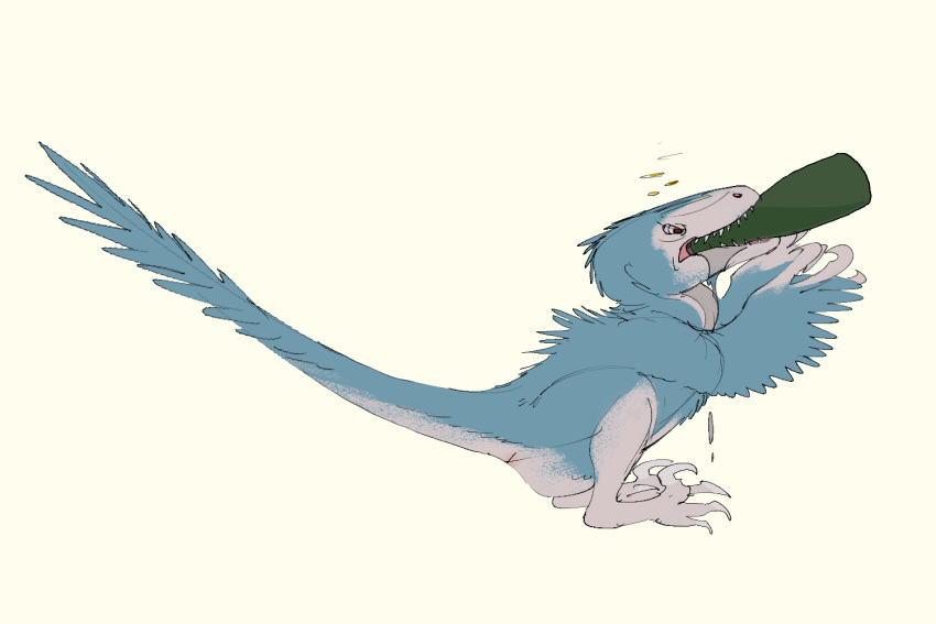 2024 3:2 alcohol ambiguous_gender animal_genitalia beverage blue_body blue_feathers bottle claws cloaca container digital_media_(artwork) dinosaur dromaeosaurid drunk feathered_dinosaur feathers feral genitals holding_beverage holding_object new_year_2024 nude open_mouth reptile scalie simple_background sitting solo substance_intoxication tail teeth theropod velociraptor zw3