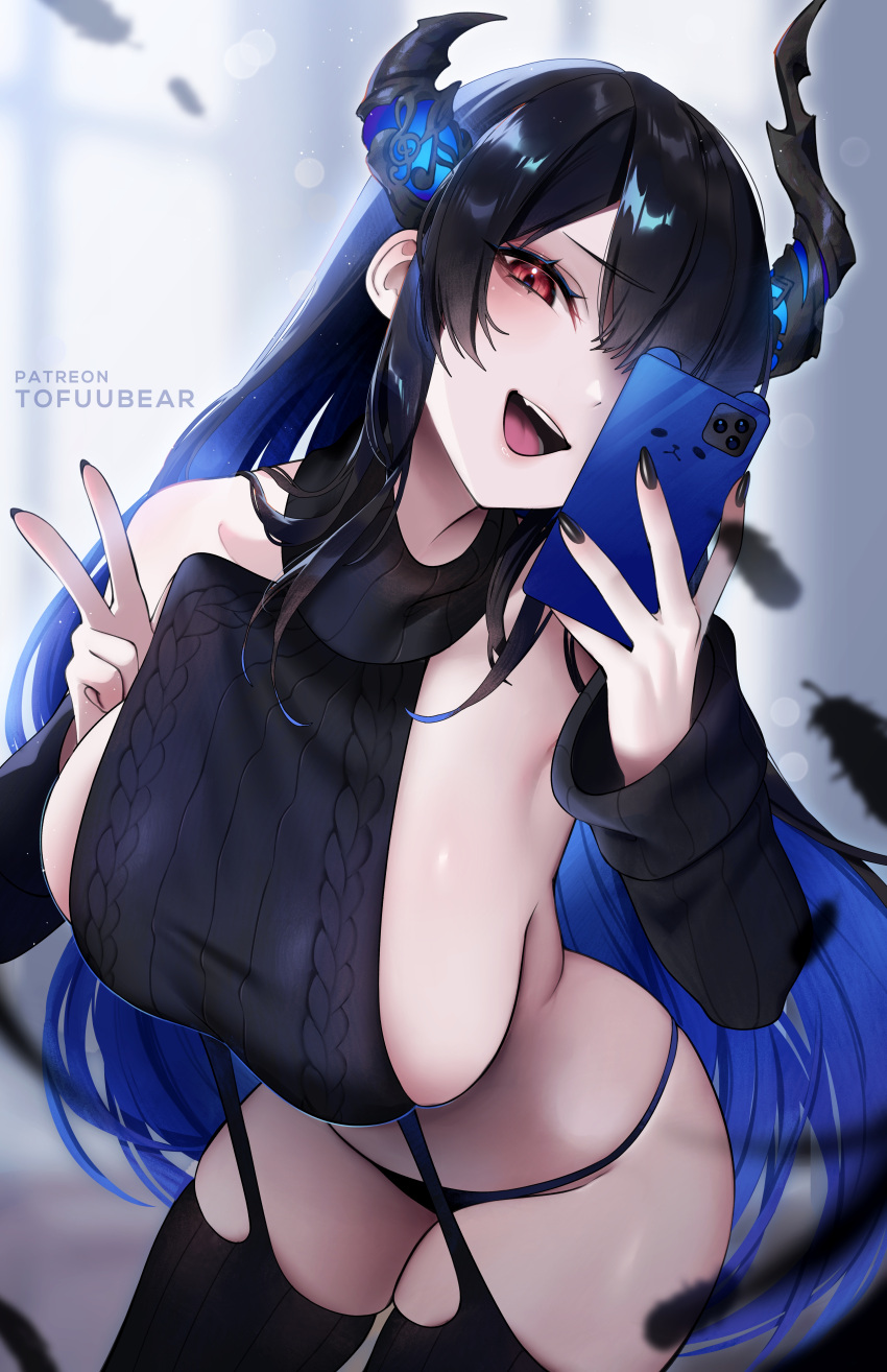 1girl absurdres bare_shoulders black_hair blush breasts cellphone detached_sleeves hair_over_one_eye highres hololive hololive_english horns large_breasts long_hair looking_at_viewer nerissa_ravencroft open_mouth phone red_eyes sideboob smile solo tofuubear v virgin_destroyer_sweater virtual_youtuber white_background