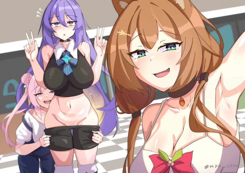 3girls airani_iofifteen airani_iofifteen_(1st_costume) animal_ears area_15 armpits ayunda_risu ayunda_risu_(1st_costume) breasts brown_hair cleavage clothes_pull green_eyes hololive hololive_indonesia impossible_clothes large_breasts looking_at_viewer moona_hoshinova moona_hoshinova_(1st_costume) multiple_girls myumi navel overalls pants pants_pull pubic_hair purple_eyes purple_hair selfie short_shorts shorts smile sports_bra squirrel_ears squirrel_girl virtual_youtuber