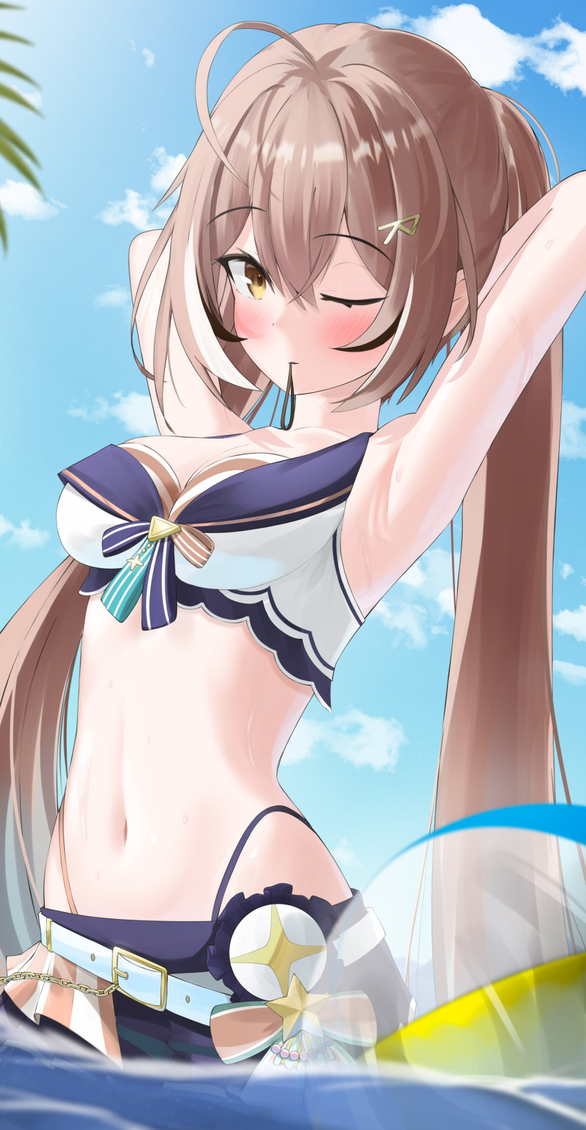 1girl absurdres ahoge arms_up ball beachball bikini bikini_skirt black_shorts blue_shorts blue_skirt bow brown_eyes brown_hair cloud cloudy_sky crossed_bangs double-parted_bangs front-tie_bikini_top front-tie_top hair_between_eyes hair_tie highleg highleg_bikini highres hololive hololive_english hololive_summer_2023_swimsuit layered_bikini looking_at_viewer mouth_hold multicolored_hair nanashi_mumei nobarts official_alternate_costume one_eye_closed overskirt shorts skirt sky streaked_hair striped striped_bikini swimsuit tying_hair virtual_youtuber waist_bow white_bikini