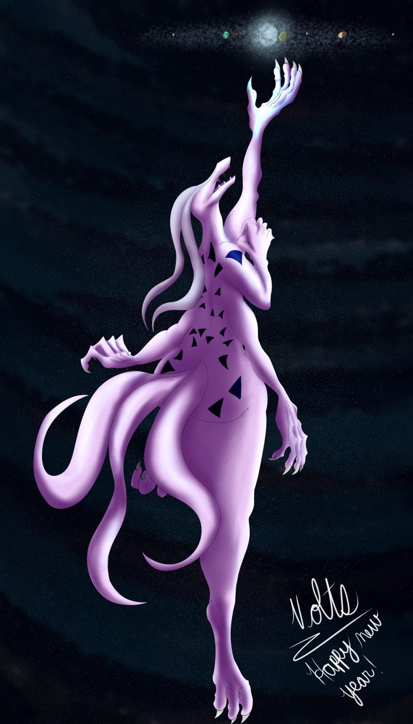 109volts 4_arms absurd_res anthro blue_sun cosmic_background deity eyeless female galaxy hi_res macro markings monster multi_arm multi_limb multi_tail new_year_2024 nude open_mouth pink_body reaching_for_object smile solo space tail