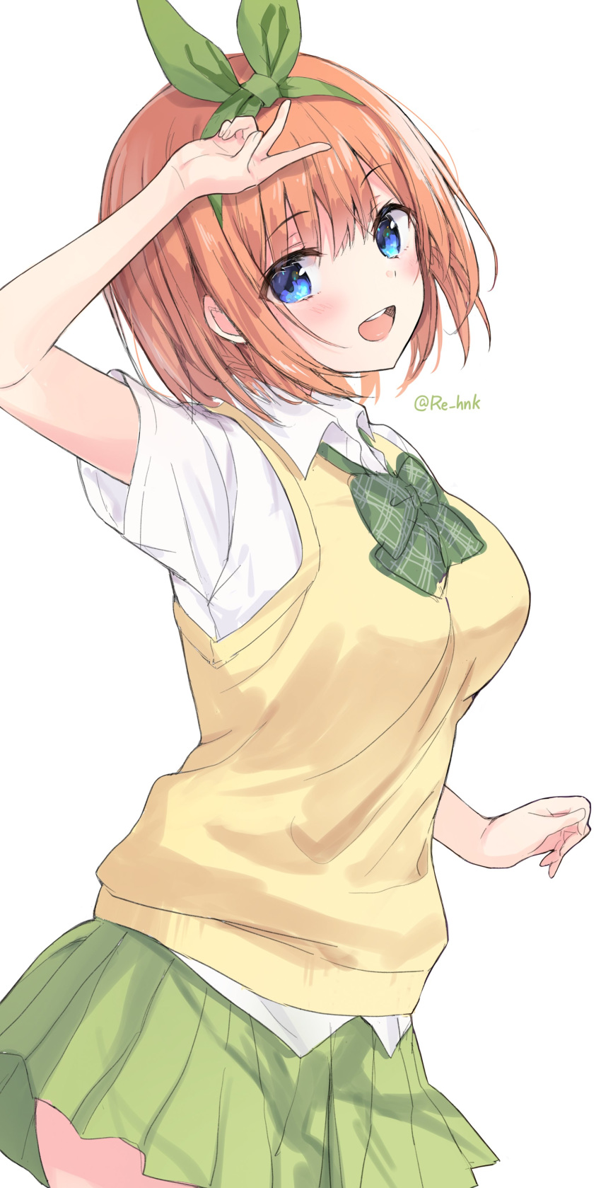 1girl absurdres blue_eyes blush bow breasts commentary_request go-toubun_no_hanayome green_bow green_neckwear green_ribbon green_skirt highres large_breasts looking_at_viewer nakano_yotsuba open_mouth orange_hair ribbon sakura_honoka_(srhk0623) school_uniform shirt short_hair skirt solo sweater twitter_username v white_shirt