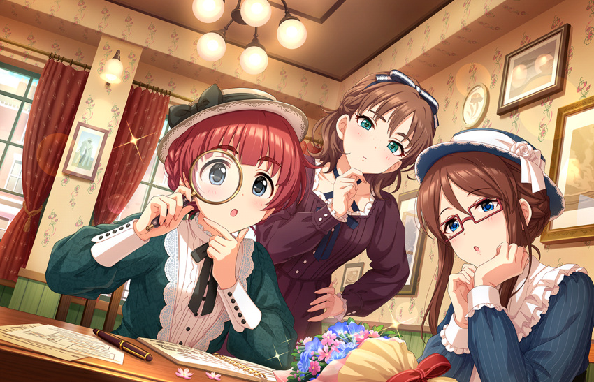3girls :o anzai_miyako aqua_eyes artist_request black_bow black_hairband blue_eyes blue_flower blush book bouquet bow braid brown_hair buttons ceiling closed_mouth collarbone curtains day dress eyelashes flower freckles french_braid frilled_shirt_collar frills furusawa_yoriko glasses hair_bow hair_over_shoulder hairband half_updo hand_on_own_chin hand_on_own_hip hat hat_flower holding idolmaster idolmaster_cinderella_girls idolmaster_cinderella_girls_starlight_stage indoors kate_(idolmaster) lace lamp long_hair long_sleeves looking_at_viewer loose_hair_strand magnifying_glass mole mole_under_eye multiple_girls nib_pen_(object) official_alternate_costume official_alternate_hairstyle official_art open_mouth painting_(object) paper pen pink_flower pinstripe_dress pinstripe_pattern red-framed_eyewear red_hair ribbon rose short_hair sitting sparkle striped table thick_eyebrows white_flower window