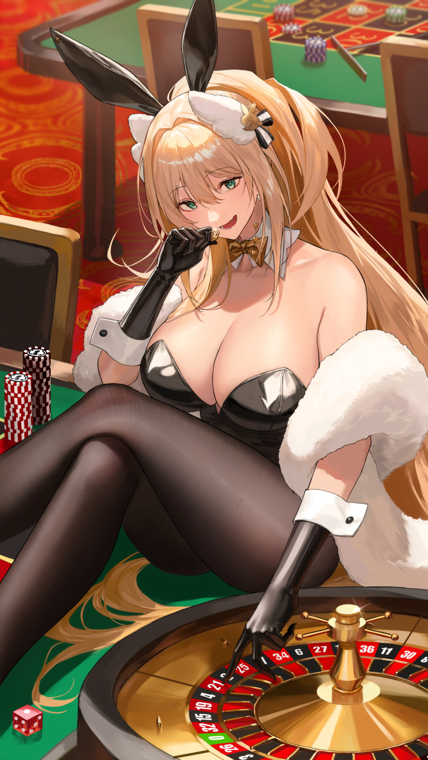 1girl absurdres animal_ears bare_shoulders black_gloves black_leotard black_pantyhose blonde_hair breasts casino casino_card_table cleavage coin collar commentary_request detached_collar dice double-parted_bangs fake_animal_ears fang fur_shawl gloves goddess_of_victory:_nikke gold_bowtie green_eyes hair_between_eyes hair_intakes highres holding holding_coin huge_breasts indoors leotard long_hair looking_at_viewer official_alternate_costume official_alternate_hairstyle open_mouth pantyhose playboy_bunny poker_chip ponytail rabbit_ears rupee_(nikke) rupee_(rabbit_deluxe)_(nikke) shawl sitting sitting_on_table skin_fang smile solo strapless strapless_leotard table very_long_hair white_collar white_wrist_cuffs wing_hair_ornament zonotaida