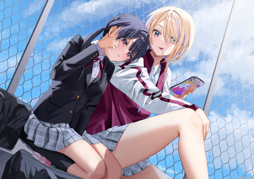 2girls absurdres arm_rest bag black_bag black_hair black_jacket black_socks blazer blonde_hair blue_eyes blue_sky brown_eyes candy cellphone chain-link_fence chigusa_minori cloud cloudy_sky collared_shirt copyright_notice day fence food fukiyama_rei grey_skirt hair_over_one_eye hajimete_no_sabotage hand_on_own_knee hand_rest highres holding holding_phone jacket juice_box lollipop long_sleeves looking_at_another multicolored_clothes multicolored_jacket multiple_girls non-web_source official_art open_clothes open_collar open_jacket outdoors parted_lips phone plaid plaid_skirt pleated_skirt pocket ponytail protagonist_(hajimete_no_sabotage) red_jacket rubbing_eyes school_bag school_uniform shirt short_hair sitting skirt sky socks track_jacket two-tone_jacket white_jacket white_shirt yuri
