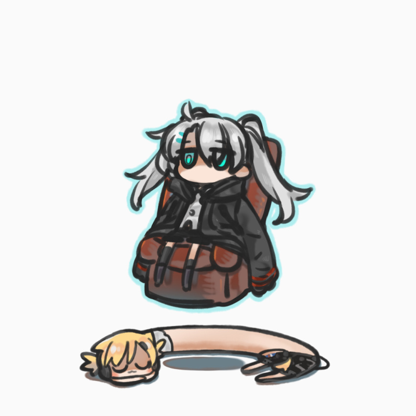 2girls :3 ahoge animal_ears aqua_eyes black_footwear black_jacket blonde_hair cat_ears cat_tail chair chibi chinese_commentary closed_eyes closed_mouth commentary_request full_body girls'_frontline hair_over_one_eye headset idw_(girls'_frontline) jacket jitome long_hair long_sleeves longcat_(meme) lwmmg_(girls'_frontline) lying meme multiple_girls no_mouth on_floor simple_background sitting sleeves_past_fingers sleeves_past_wrists su_xiao_jei tail twintails uwu white_background