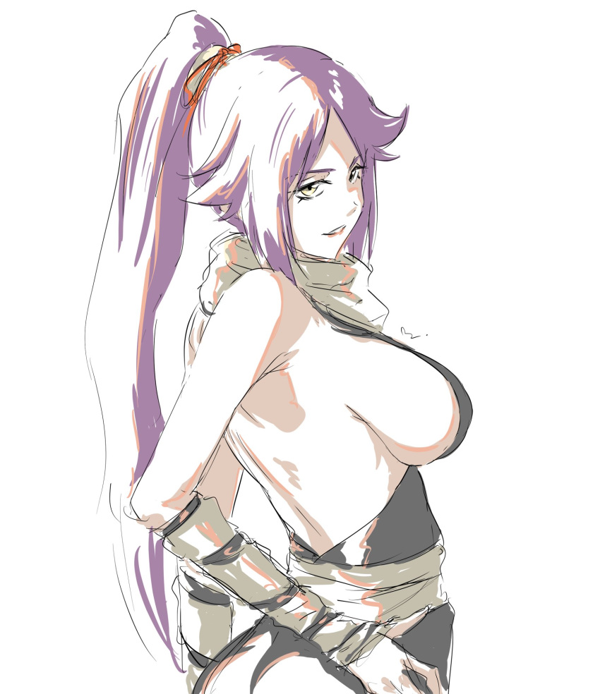 1girl armpits backless_dress backless_outfit bare_shoulders black_dress bleach breasts dark-skinned_female dark_skin dress hair_ornament highres large_breasts long_hair looking_at_viewer looking_back mitsugu ponytail purple_hair scarf shihouin_yoruichi sideboob simple_background sketch solo white_background white_scarf yellow_eyes