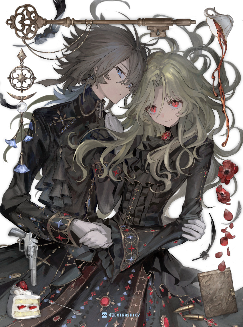 1boy 1girl anemone_(flower) ascot black_ascot black_dress black_pants black_shirt blonde_hair blue_eyes brown_hair closed_mouth dress extraspiky flower gem gloves grey_background highres key original pants pixiv_username red_eyes red_flower red_gemstone shirt white_gloves