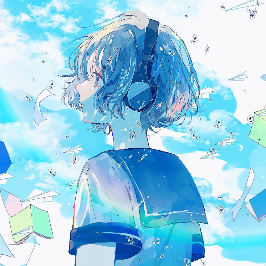 1girl :| arms_at_sides blue_sailor_collar blue_sky blue_theme bob_cut book closed_mouth cloud cloudy_sky expressionless floating from_side hagimorijia hair_between_eyes headphones highres looking_ahead open_book original outdoors paper_airplane profile sailor_collar school_uniform serafuku shirt short_hair short_sleeves sidelocks sky sleeve_cuffs solo upper_body water_drop white_shirt