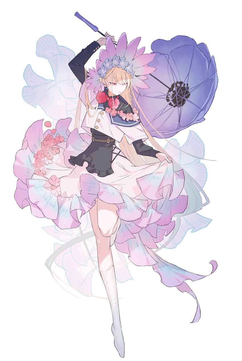 1girl arm_up bare_legs blonde_hair blue_flower bow bowtie clothes_lift commentary_request cropped_shirt ebira en_pointe flower full_body hair_flower hair_ornament half-closed_eyes headpiece highres holding holding_umbrella kneehighs long_hair no_shoes original parasol pink_flower purple_skirt red_bow red_bowtie red_eyes shirt simple_background skirt skirt_lift socks solo umbrella very_long_hair white_background white_shirt white_socks