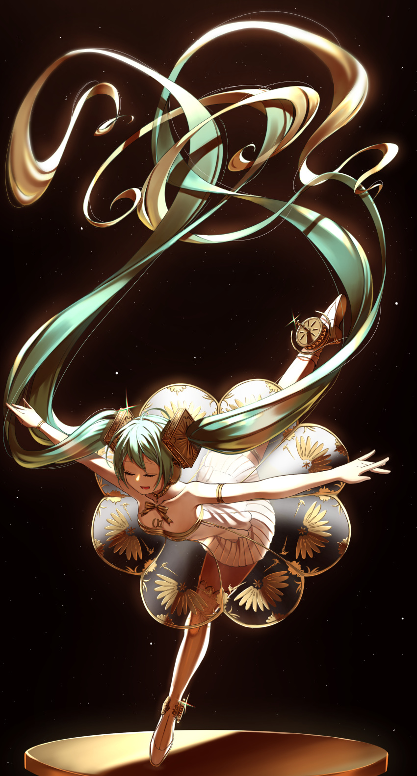 1girl absurdly_long_hair absurdres aqua_hair ballerina ballet_dress black_background chest_tattoo closed_eyes collarbone commentary diffraction_spikes dress elbow_gloves floral_print gloves gold_trim hair_ornament hatsune_miku highres inu8neko leg_up light_particles long_hair miku_symphony_(vocaloid) open_mouth outstretched_arms pedestal see-through_skirt skirt smile solo standing standing_on_one_leg tattoo twintails very_long_hair vocaloid white_gloves
