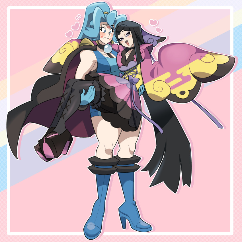 2girls :d absurdres after_kiss black_eyes black_hair blue_eyes blue_footwear blue_hair blush boots border cape carrying choker clair_(pokemon) gloves heart high_heels highres holding japanese_clothes jewelry kimono long_hair loveycloud multiple_girls notice_lines open_mouth pantyhose pink_background pokemon ponytail princess_carry smile valerie_(pokemon) white_border yuri