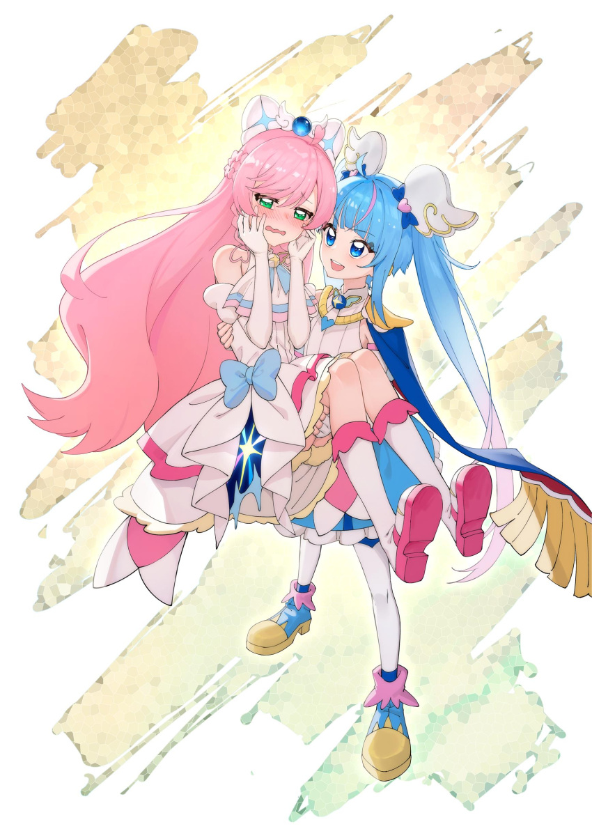 2girls :d abstract_background absurdres blue_bow blue_eyes blue_footwear blue_hair blue_skirt boots bow carrying cure_prism cure_sky dot_nose dress dress_bow embarrassed fingerless_gloves full_body gloves green_eyes hair_ornament hands_on_own_cheeks hands_on_own_face highres hirogaru_sky!_precure knee_boots legs_apart long_hair looking_at_another magical_girl multiple_girls nijigaoka_mashiro open_mouth pink_hair precure princess_carry shoes short_dress sidelocks sipeiren skirt smile sora_harewataru standing thighhighs twintails wavy_mouth white_dress white_footwear white_gloves white_thighhighs