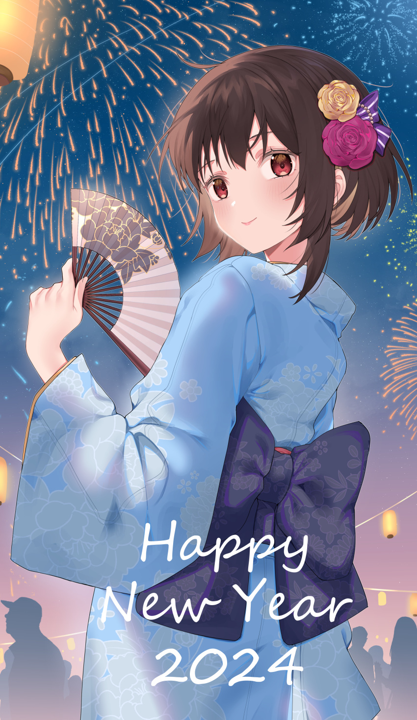 1girl 2024 absurdres aerial_fireworks ai-nohikari alternate_costume back_bow black_bow blue_kimono blush bow brown_hair clip_studio_paint_(medium) closed_mouth colored_eyelashes commentary cowboy_shot dated english_commentary eyelashes fireworks floral_print flower folding_fan from_behind hair_between_eyes hair_flower hair_ornament hand_fan hand_up happy_new_year highres holding holding_fan japanese_clothes kanzashi kimono kono_subarashii_sekai_ni_shukufuku_wo! lips long_sleeves looking_at_viewer looking_back megumin night no_headwear outdoors pink_flower red_eyes short_hair_with_long_locks sky smile solo standing star_(sky) starry_sky wide_sleeves yellow_flower