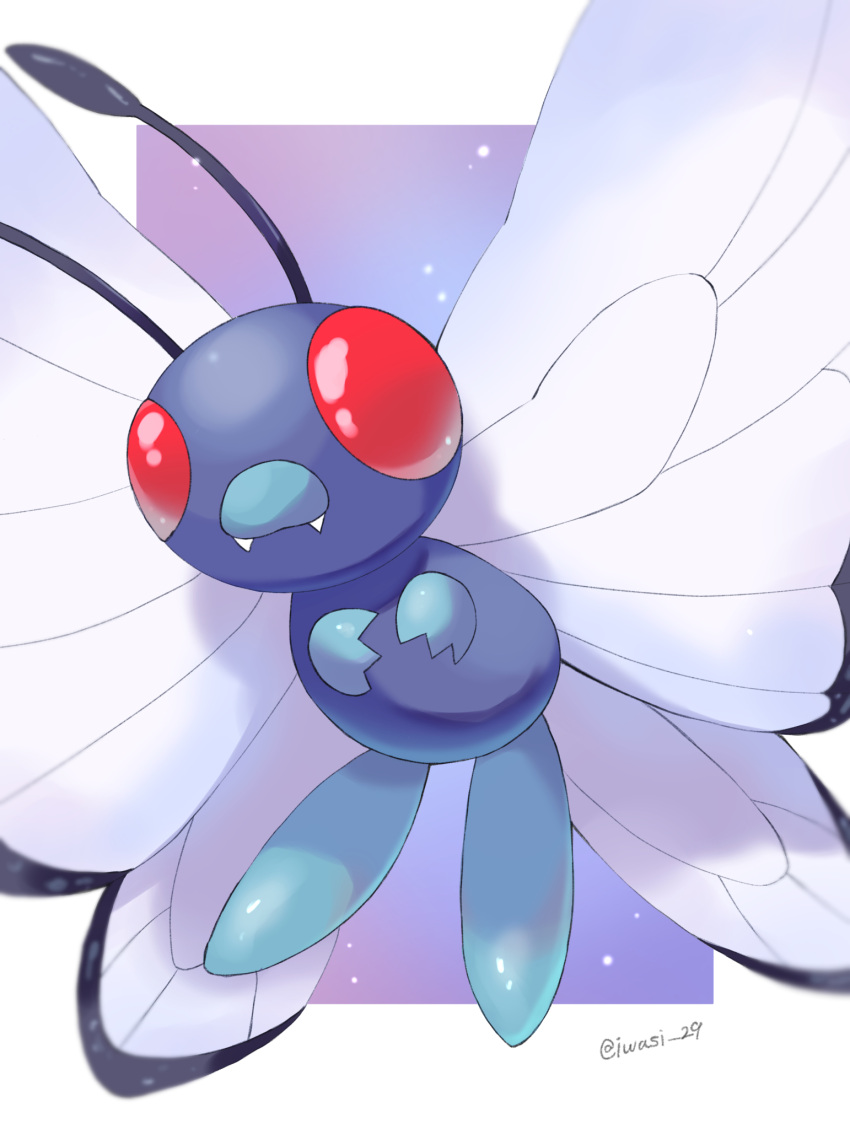 animal_focus antennae artist_name border bug butterfly butterfree closed_mouth commentary_request fangs highres iwasi_29 no_humans pokemon pokemon_(creature) purple_background red_eyes twitter_username white_border wings