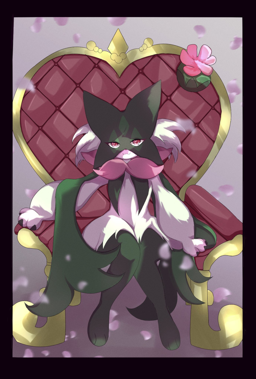 2023 3_fingers 3_toes :3 ambiguous_gender anthro biped black_border border chair colored digital_media_(artwork) feet felid feline fingers frill_(anatomy) front_view full-length_portrait fur furniture generation_9_pokemon glistening glistening_eyes green_body green_fur head_tuft hi_res kemono looking_at_viewer mammal meowscarada multicolored_body multicolored_fur neck_frill nintendo nude petals pink_eyes pink_nose pokemon pokemon_(species) popi_nekou portrait pupils red_pupils shaded sitting solo throne toes tuft two_tone_body two_tone_fur