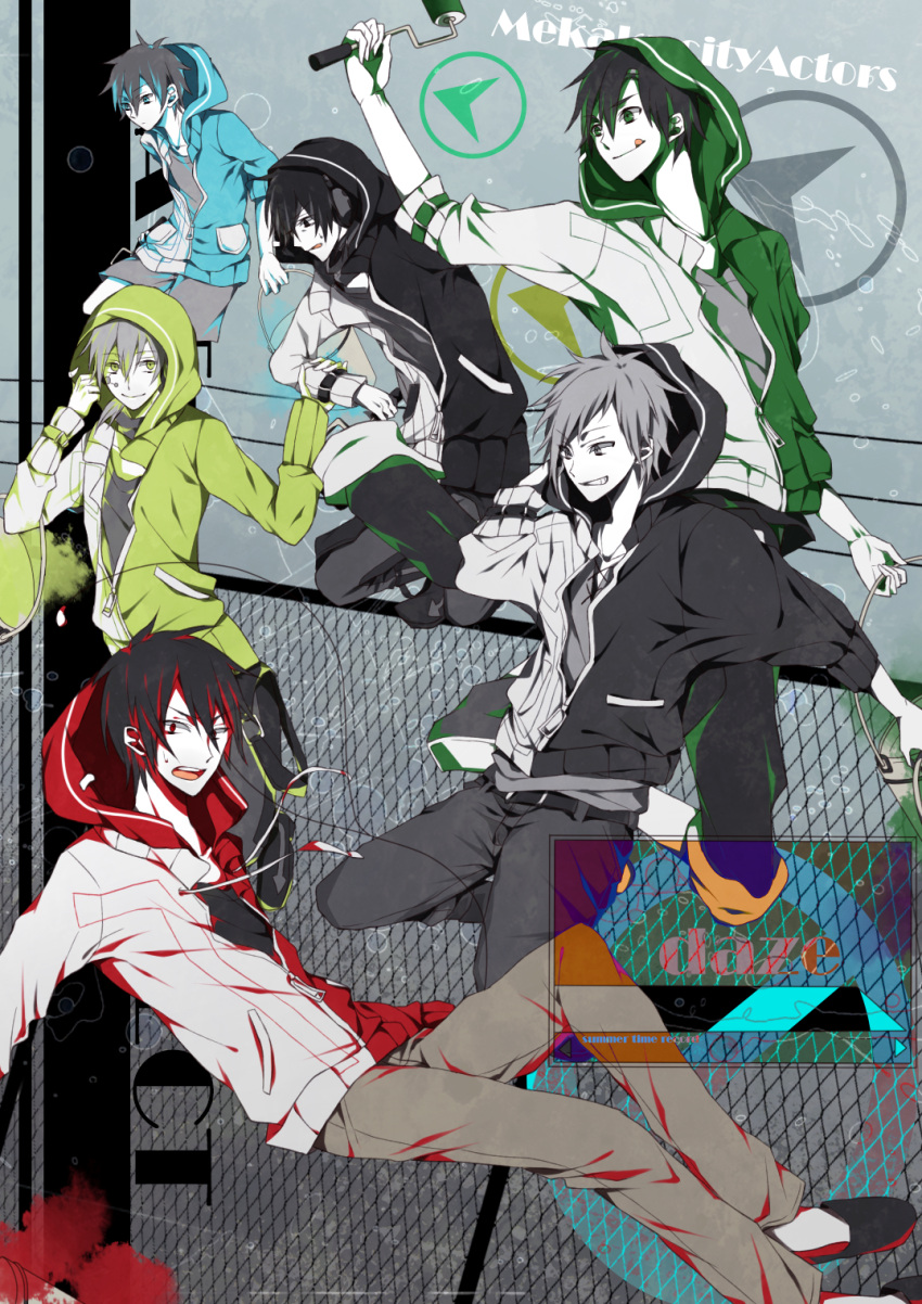 6+boys amamiya_hibiya aqua_jacket belt black_jacket black_shirt bucket chain-link_fence child circle clenched_teeth commentary_request copyright_name dark_konoha day drawstring facial_mark fence full_body green_eyes grey_sky hair_between_eyes hand_up headphones highres holding holding_bucket holding_paint_roller hood hood_down hood_up hooded_jacket jacket kagerou_project kano_shuuya kisaragi_shintarou konoha_(kagerou_project) long_sleeves looking_at_viewer male_focus multicolored_clothes multicolored_jacket multiple_boys no_symbol on_fence on_one_knee open_mouth outdoors paint paint_can paint_roller pants partially_colored partially_unzipped pocket reclining red_jacket seto_kousuke shirt sky sleeves_past_elbows sleeves_pushed_up smile song_name summertime_record_(vocaloid) t-shirt teeth tknsh_(takanashi_10) tongue tongue_out two-tone_jacket upper_teeth_only white_jacket yellow_eyes yellow_jacket zipper_pull_tab