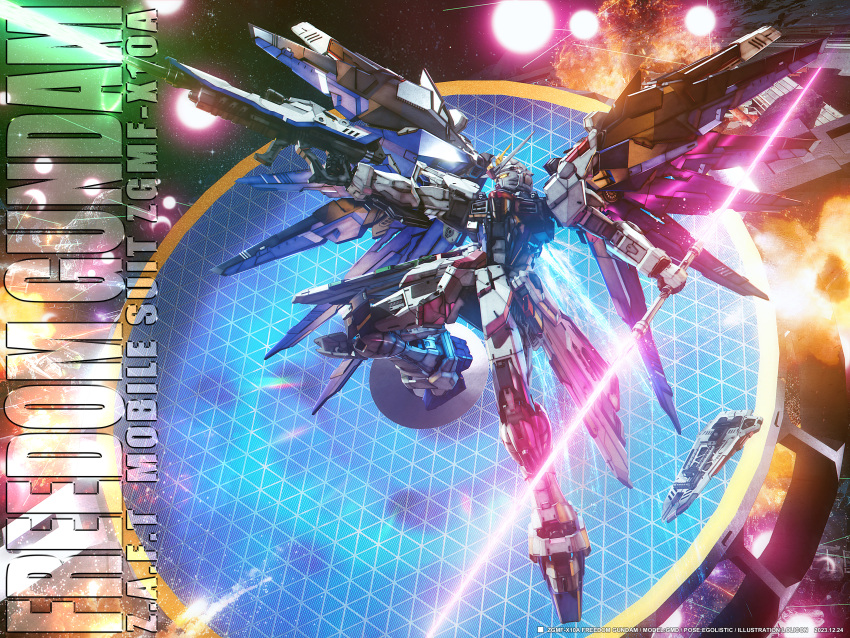 absurdres aiming asteroid beam_rifle beam_saber character_name double-blade dual_wielding energy_gun exhaust explosion flying freedom_gundam full_body genesis_(gundam) glowing glowing_eye gun gundam gundam_seed highres holding holding_gun holding_weapon laser lolicon_(lolicon42051636) looking_ahead mecha mechanical_wings mobile_suit no_humans photoshop_(medium) profile robe robot science_fiction solo space spacecraft star_(sky) v-fin weapon wings yellow_eyes