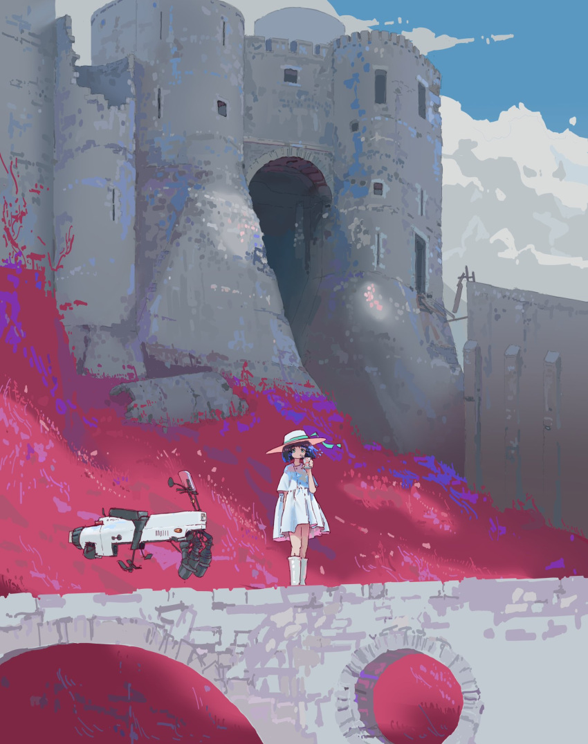 1girl blue_sky boots bridge castle dress drinking hat hat_ribbon highres hover_bike lefko_d original ribbon sky solo white_dress wide_shot