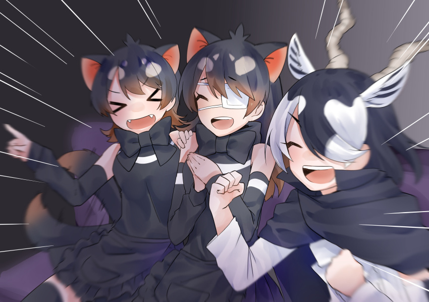 &gt;_&lt; 3girls :d ^_^ animal_ears antelope_ears antelope_horns apron australian_devil_(kemono_friends) bangs bare_shoulders batten_japari_dan black_hair blackbuck_(kemono_friends) blurry bow bowtie brown_hair cape clenched_hands closed_eyes closed_mouth couch detached_sleeves emphasis_lines extra_ears eyebrows_visible_through_hair eyepatch fangs furrowed_eyebrows gaijin_4koma grey_hair hair_over_one_eye hand_on_another's_shoulder hands_up highres horns isobee kemono_friends long_hair medical_eyepatch medium_hair meme multicolored_hair multiple_girls open_mouth own_hands_together pointing shirt sitting skirt smile swept_bangs tail tasmanian_devil_(kemono_friends) tasmanian_devil_ears tasmanian_devil_tail thighhighs two-tone_hair upper_teeth v-shaped_eyebrows waist_apron white_hair xd zettai_ryouiki |d