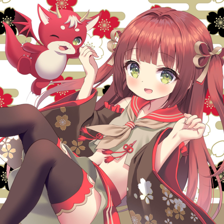 1girl :d ;d animal bare_shoulders blush brown_hair brown_shirt brown_skirt brown_thighhighs chinese_zodiac chitosezaka_suzu collarbone commentary_request crop_top detached_sleeves dragon egasumi feet_out_of_frame floral_background floral_print frilled_sleeves frills green_eyes hair_intakes hands_up highres knees_together_feet_apart long_hair long_sleeves looking_at_viewer navel one_eye_closed original print_sleeves red_sailor_collar sailor_collar shirt simple_background skirt sleeveless sleeveless_shirt smile solo thighhighs two_side_up very_long_hair white_background wide_sleeves year_of_the_dragon